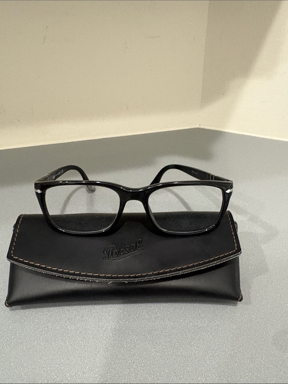 Persol Black Full-Rim Rectangular Glasses with Leather Case